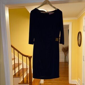 Eliza J Navy Long-Sleeve Draped Sheath Dress with Gold Waist Accent